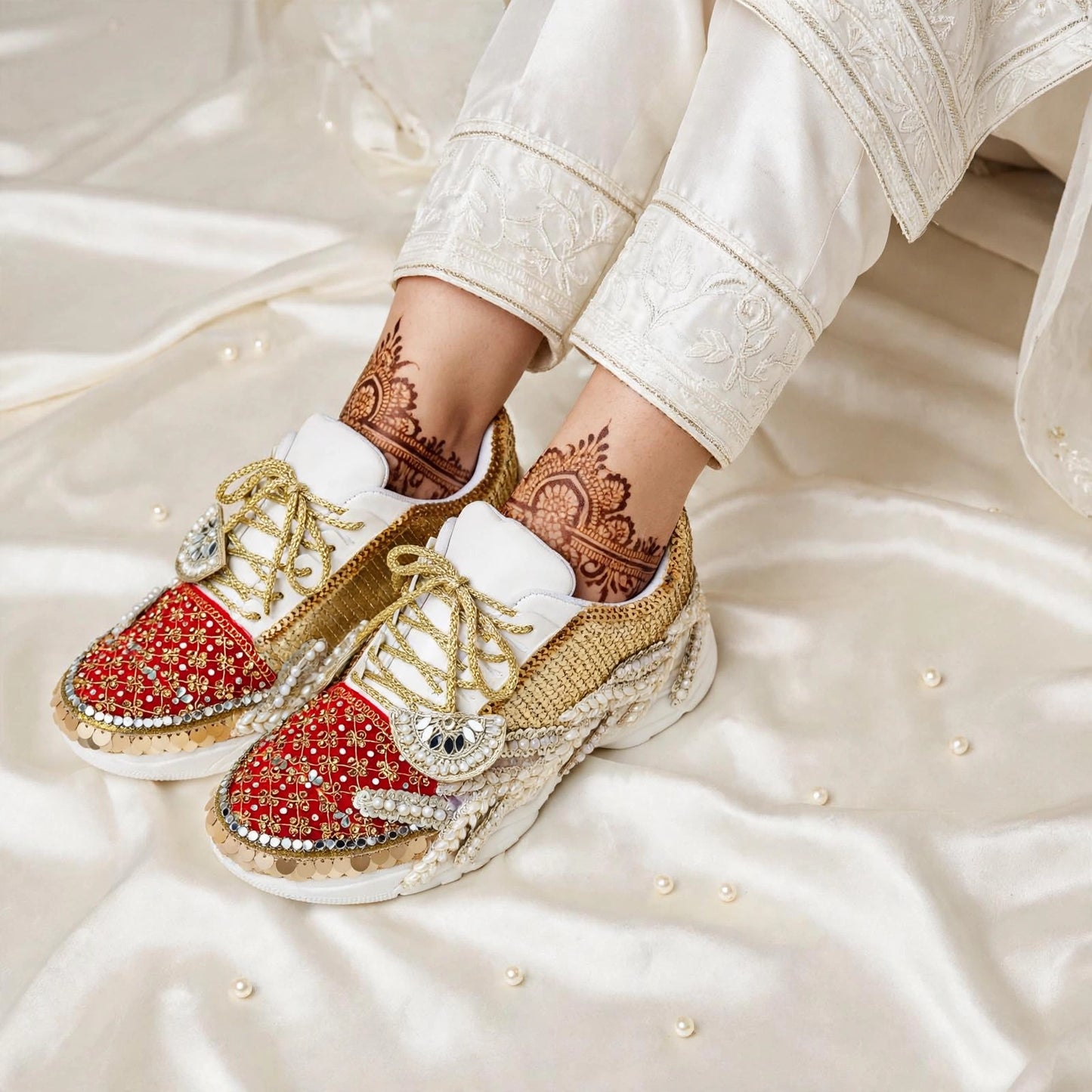 Red & Gold Sequin Bridal Sneakers | Pearl Embellished Wedding Sneakers