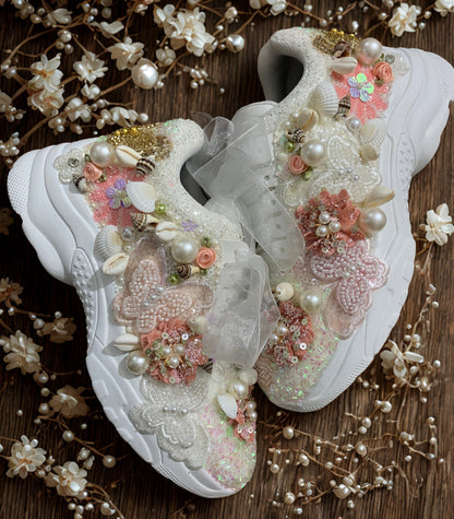 FUNKY N TRENDY peach/white floral butterfly theme sneakers with shells pearls detailing for brides / bridesmaids with custom couple name initials/ rose gold sneakers