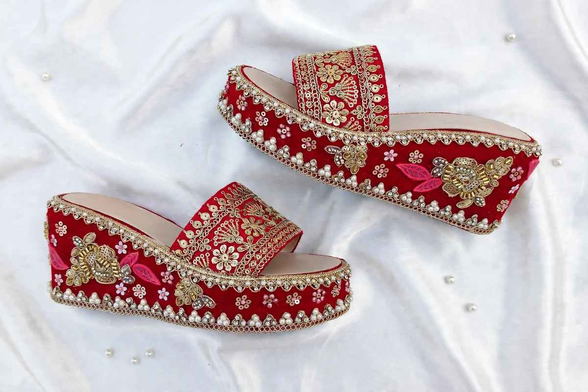 Handcrafted Bridal Embroidered Wedges - Red / Gold