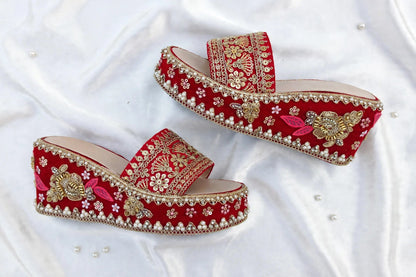 Handcrafted Bridal Embroidered Wedges - Red / Gold