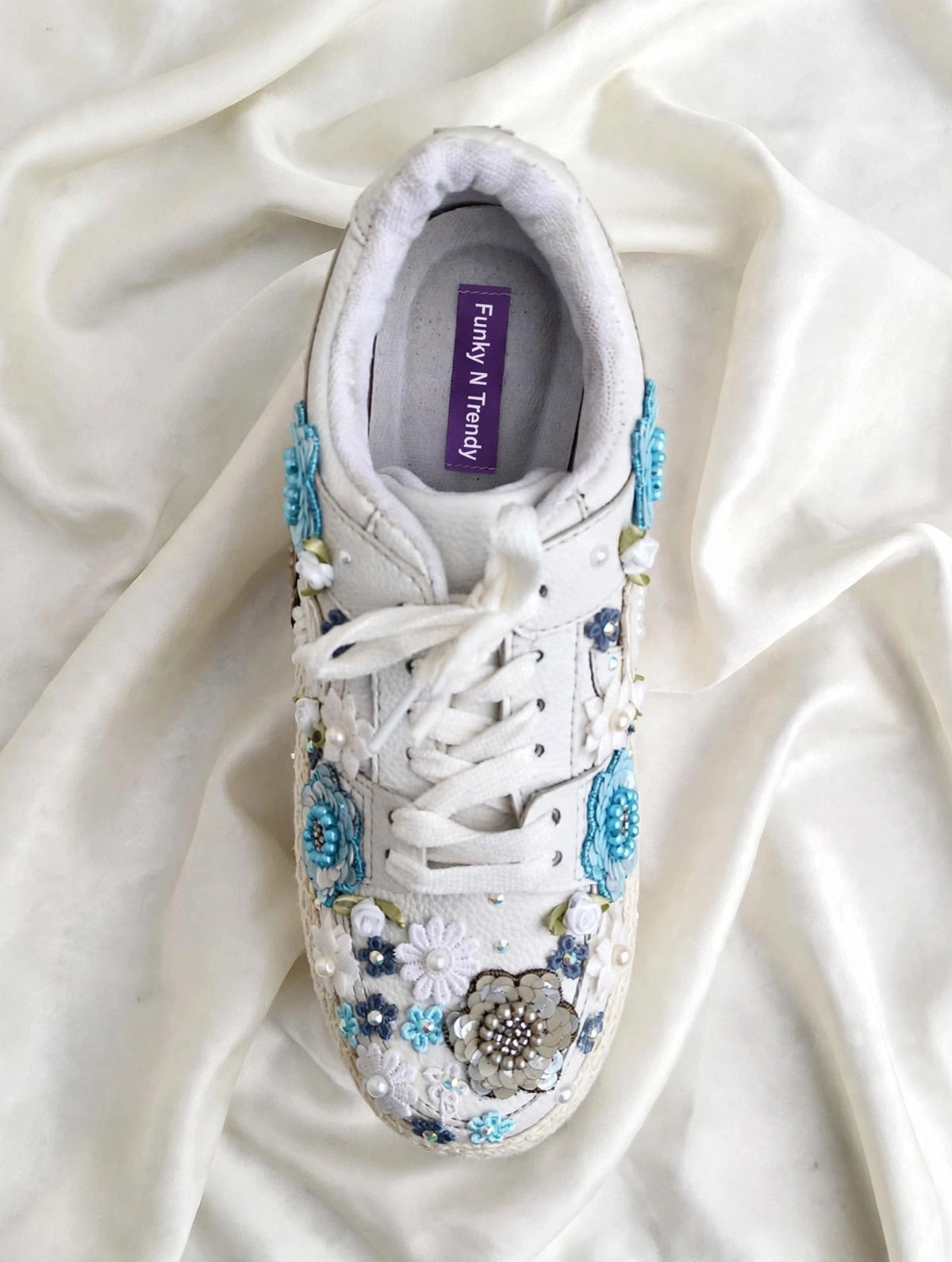 Princess Blue Floral Embroidered Platform Bridal Sneakers - White Wedding Sneakers for Bride