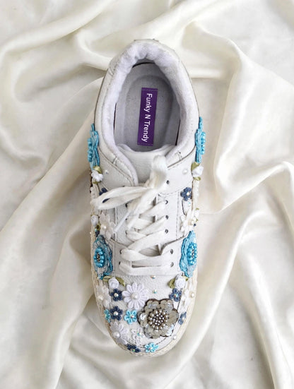 Princess Blue Floral Embroidered Platform Bridal Sneakers - White Wedding Sneakers for Bride