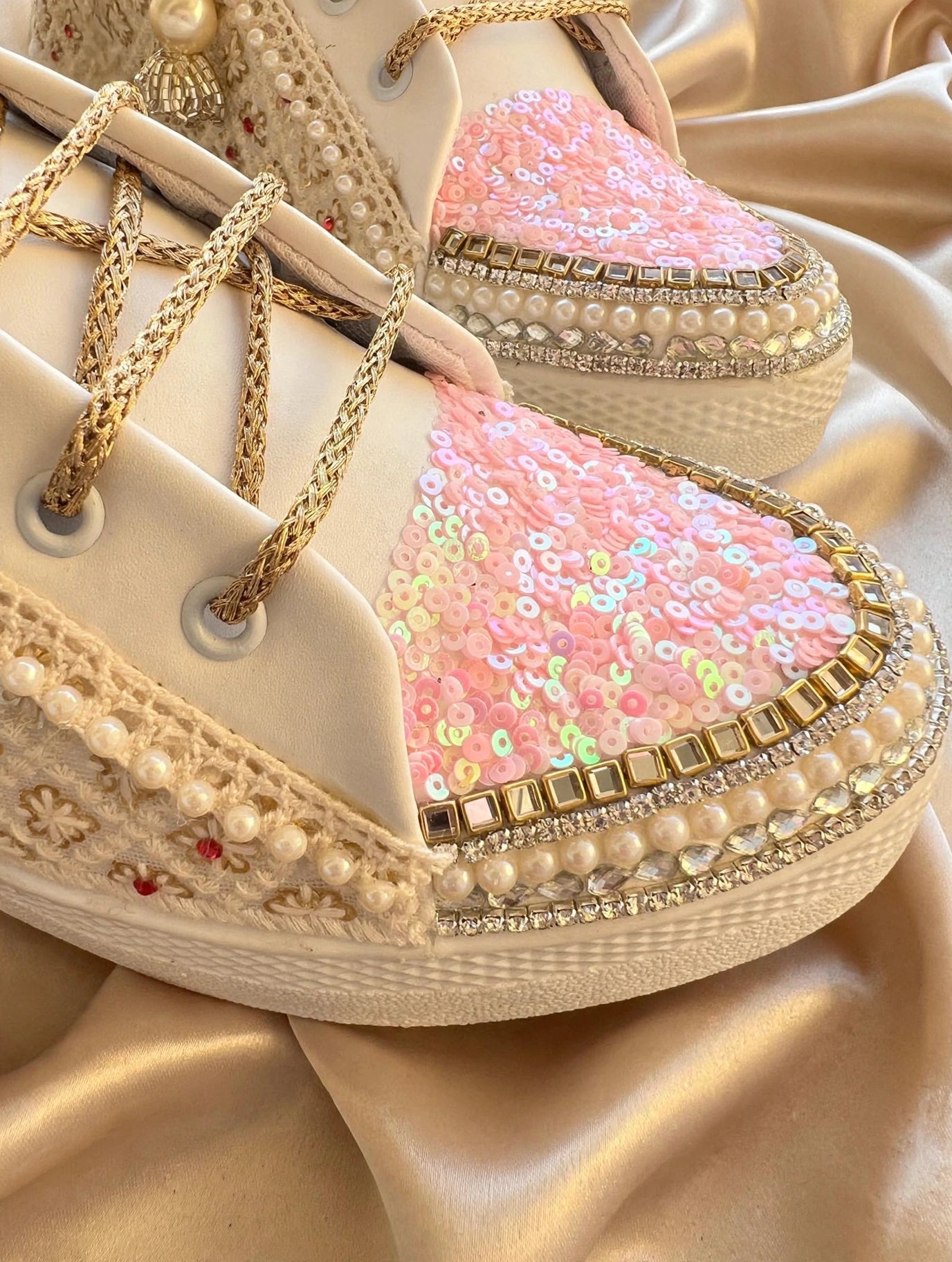 Funky N Trendy ivory and pink embroidery work bridal sneakers/ bridesmaid sneaker / golden sneakers/ pink sneakers / sequine work sneakers/ pink shoes