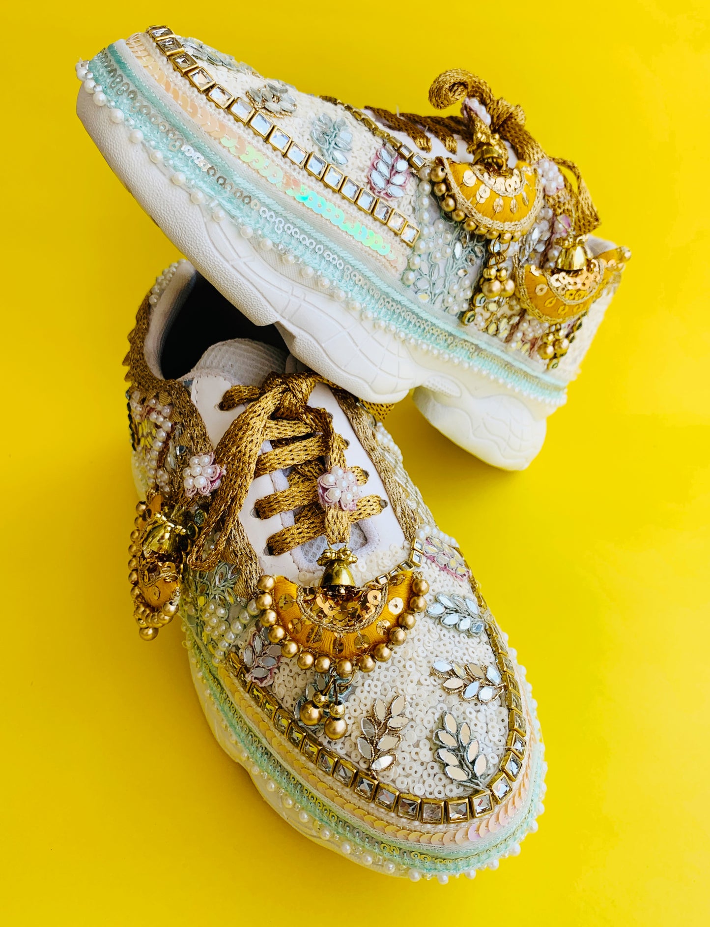 FUNKY N TRENDY hand crafted pastel bridal sneakers / gold sneakers / pastel sneakers / embroidery sneakers / sneakers for bride