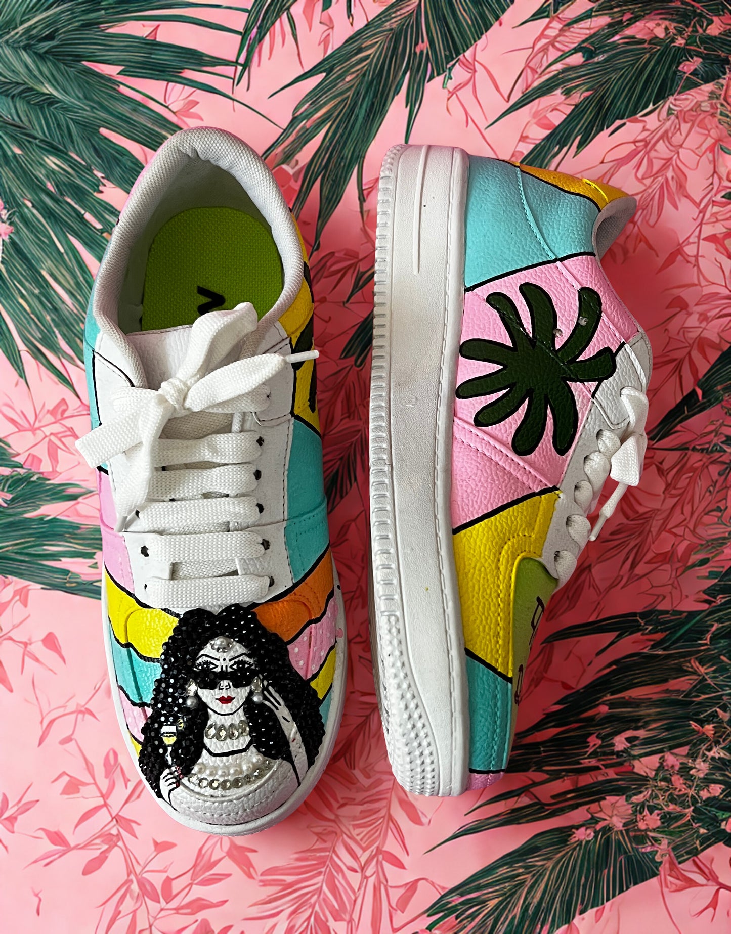 Funky N Trendy hand painted with water resistant colors, rhinestone work bridal sneakers/ bridesmaid sneaker / colorful sneakers/ carnival sneakers / pastel sneakers/ quirky sneakers