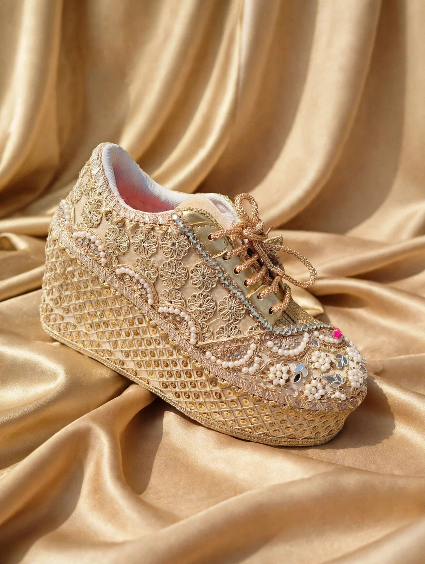 FUNKY N TRENDY Gold bridal sneakers - wedge sneakers heeled sneakers/ golden sneakers