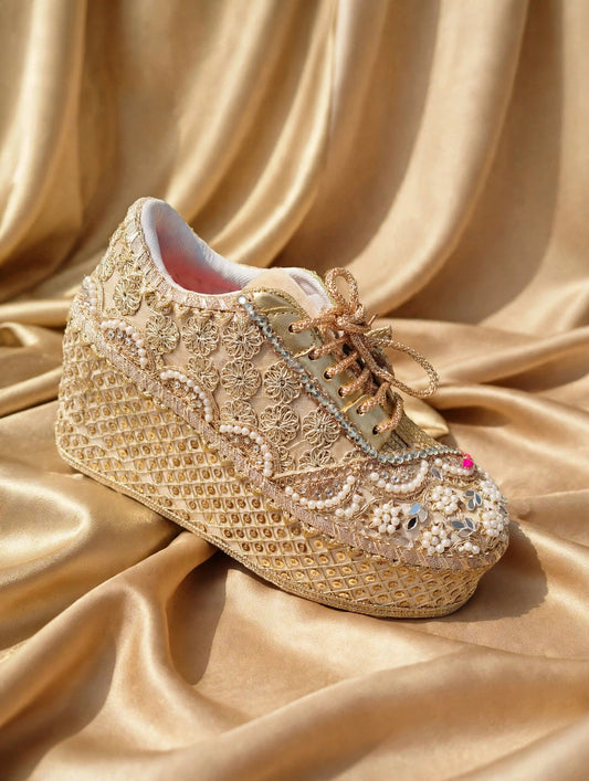FUNKY N TRENDY Gold bridal sneakers - wedge sneakers heeled sneakers/ golden sneakers