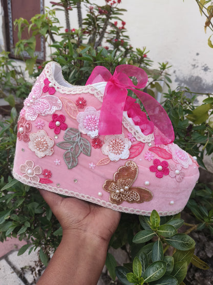 FUNKY N TRENDY Hand embroidered floral theme sneakers - wedge sneakers heeled sneakers/pink sneakers