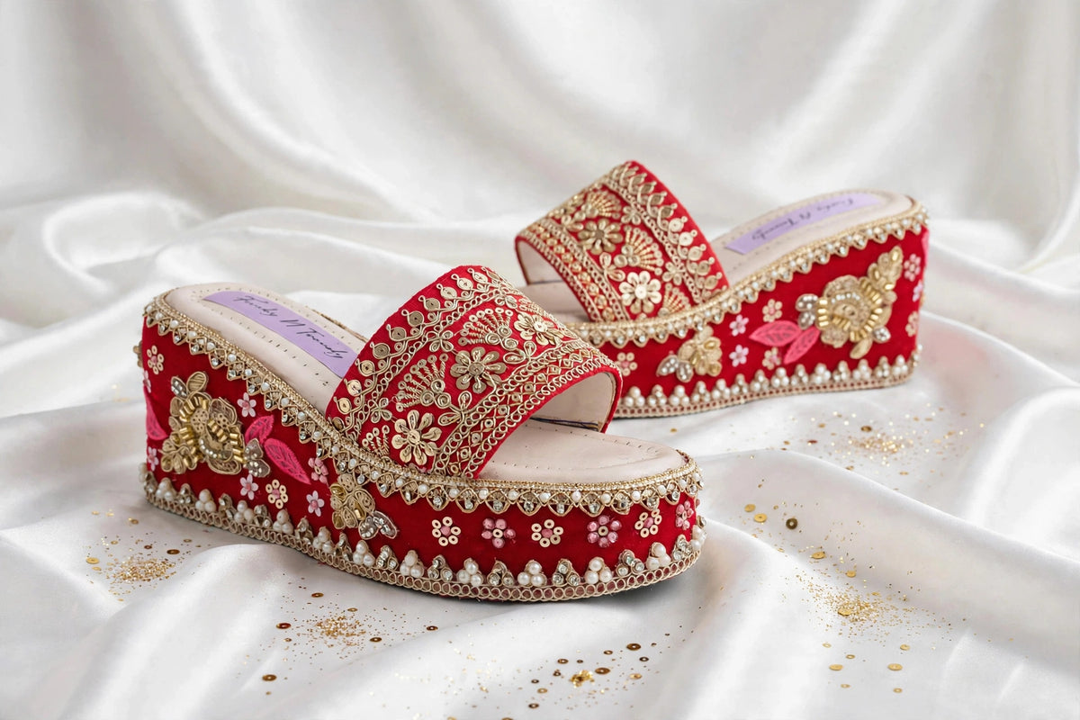 Handcrafted Bridal Embroidered Wedges - Red / Gold
