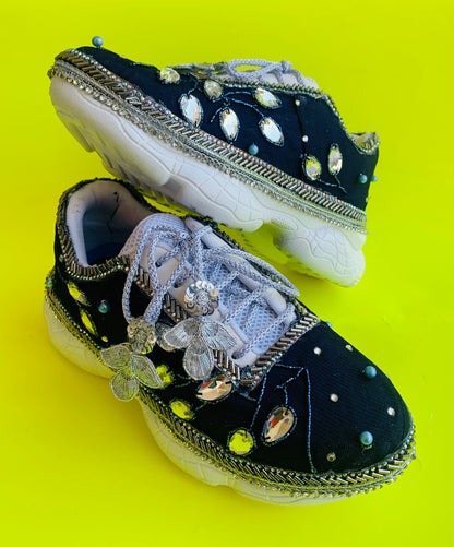 FUNKY N TRENDY Nevy blue and Silver tone work sneakers for brides / bridesmaids/ boho sneakers / blue sneakers / nevy blue shoes/ silver and blue shoes for brides / bridesmaid/ sangeet sneakers