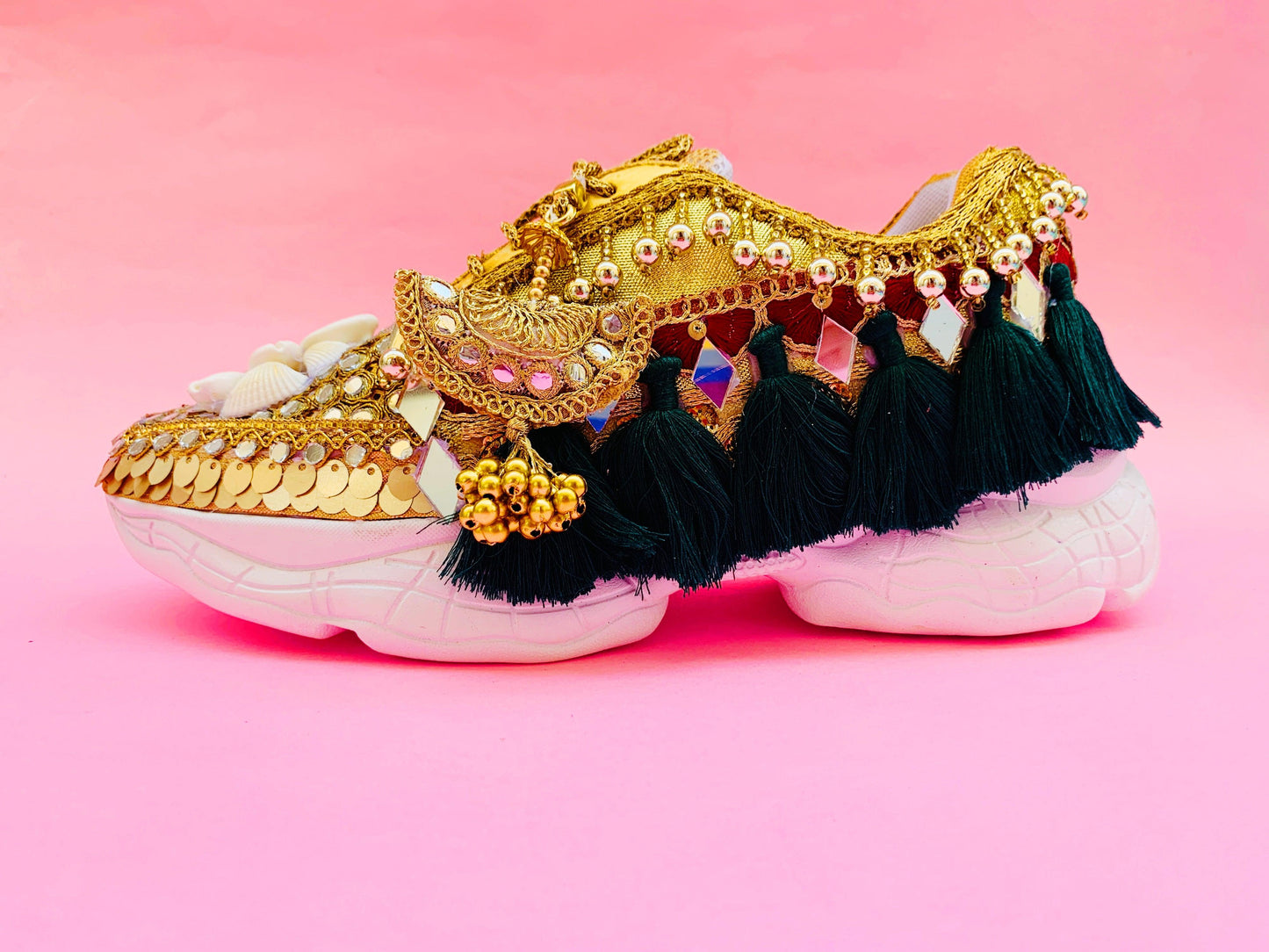 FUNKY N TRENDY hand crafted golden bridal sneakers/ gold sneakers / green sneakers / green and gold sneakers / shells sneakers / golden mirror sneakers