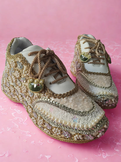 Mirror leaves Pearl blossom Dull gold/ beige Bridal Sneakers – Floral Embroidery” / gold sneakers /ivory sneakers/peach sneakers