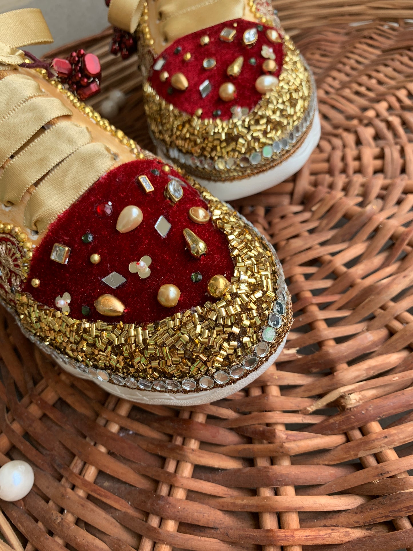 FUNKY N TRENDY maroon and gold sneakers with mirror detailing for brides /bridesmaids / sneakers for bridesmaids/ handcrafted sneakers/ maroon sneakers / bridal sneakers / bridesmaid sneakers/ maroon shoes