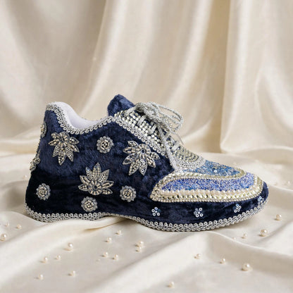 Midnight Blue Velvet Bridal Sneakers with Silver Cutdana & Crystal Embellishments