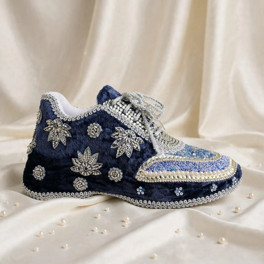 Midnight Blue Velvet Bridal Sneakers with Silver Cutdana & Crystal Embellishments