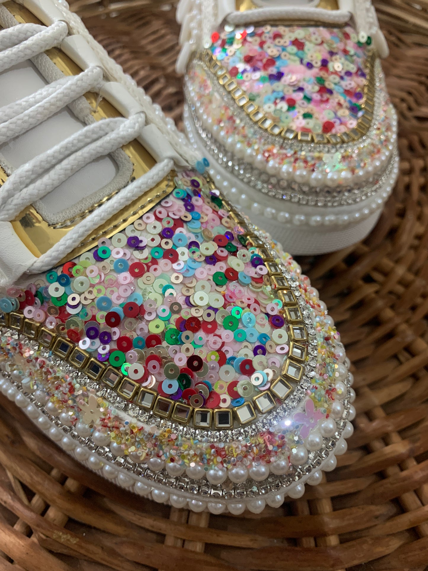 FUNKY N TRENDY ivory sneakers with multi colored detailing for brides /bridesmaids / sneakers for bridesmaids/ handcrafted sneakers/ sequine sneakers / bridal sneakers / bridesmaid sneakers/ ivory sneakers / shell shoes