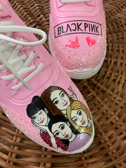 Funky N Trendy hand painted water resistant Black Pink theme pink sneakers/ rhinestone sneakers / pink shoes