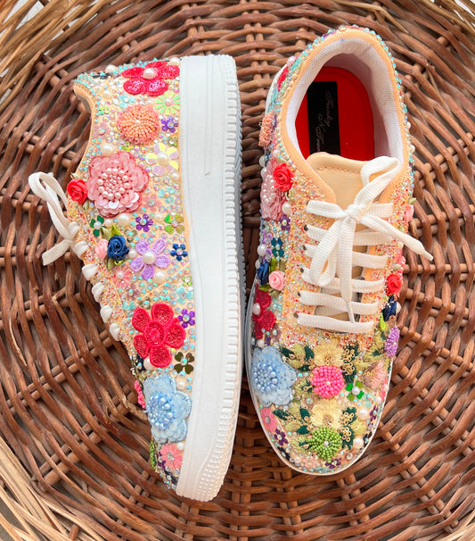 FUNKY N TRENDY fully hand crafted floral work with beads rhinestones cutdana etc /bridal sneakers / bridesmaid sneakers/ floral sneakers /colorful sneakers /bridal shoes / haldi mahendi shoes