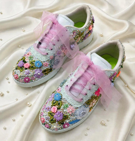 FUNKY N TRENDY fully hand crafted floral work with beads rhinestones cutdana/bridal sneakers / bridesmaid sneakers/ floral sneakers /colorful sneakers /bridal shoes / haldi mahendi shoes/ multi color shoes / pastel sneakers
