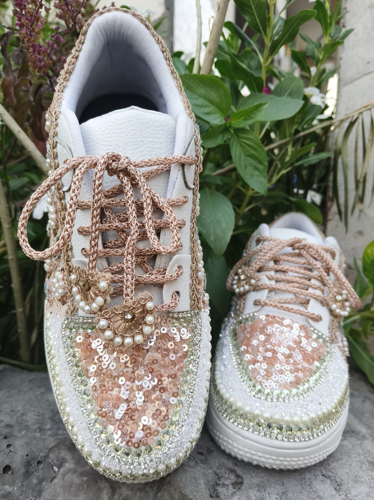 FUNKY N TRENDY rose gold/ tan peach/gold sneakers with pearl detailing for brides / bridesmaids/ ivory sneakers / beige sneakers / tan peach shoes/ rose gold sneakers / rose gold shoes