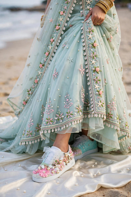 Mermaid Beach Bridal Sneakers - Shell Pearl Wedding Sneakers | Funky N Trendy| Pink & Blue Sneakers