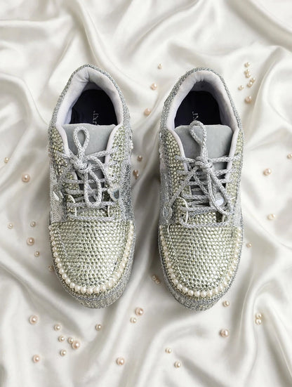 Silver Rhinestone Magic - Bridal Platform Sneakers | Silver Wedge Sneakers for Engagement or Sangeet