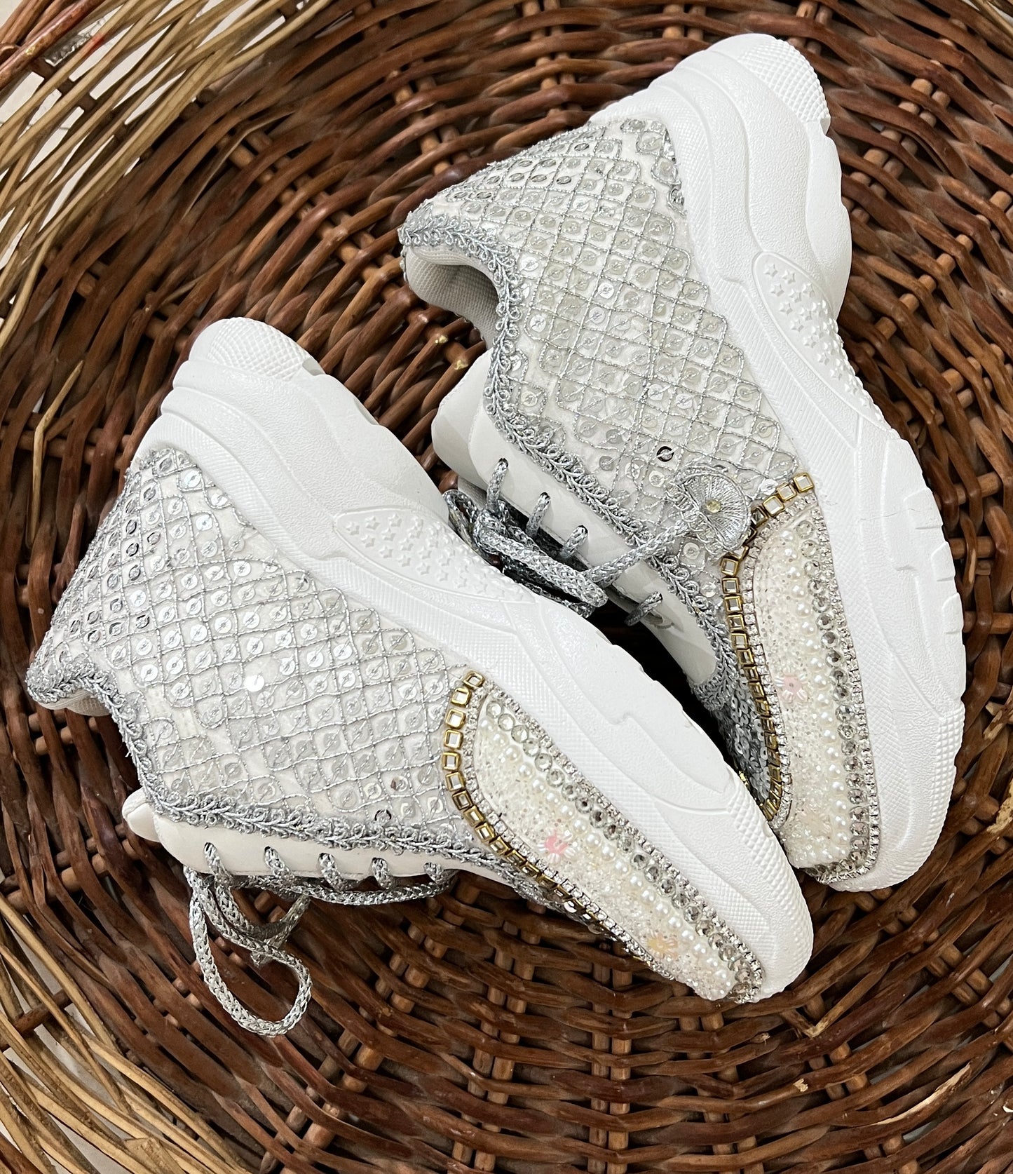 FUNKY N TRENDY hand work bridal sneakers / bridesmaid sneakers/ silver sneakers / silver shoes/mirror sneakers mirror shoes/ bride shoes/ embroidered shoes