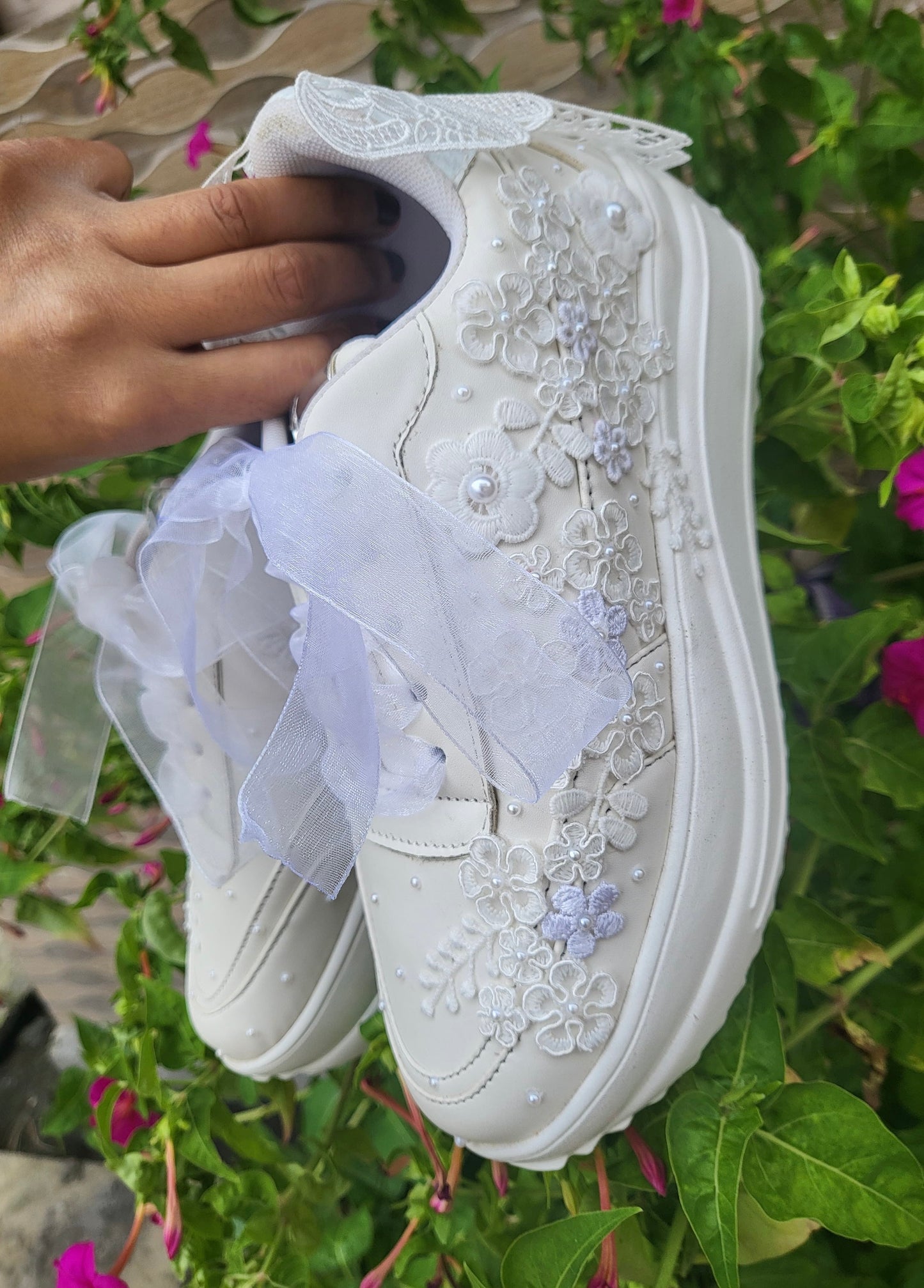 Funky N Trendy white thread work pearl work sneakers with floral detailing / bridal sneakers/ sneaker for bride / white sneakers/ pearl sneakers for bride/custom name initials / wedding date