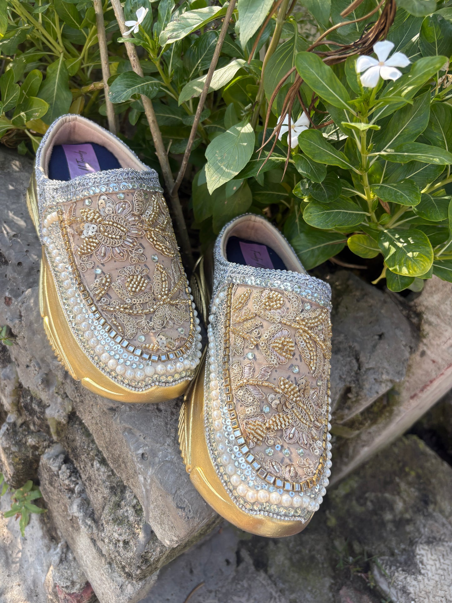 Funky N Trendy hand crafted golden bridal sneakers bridesmaid sneakers/ mom shoes / half shoes  / golden sneakers / embroidered half shoes