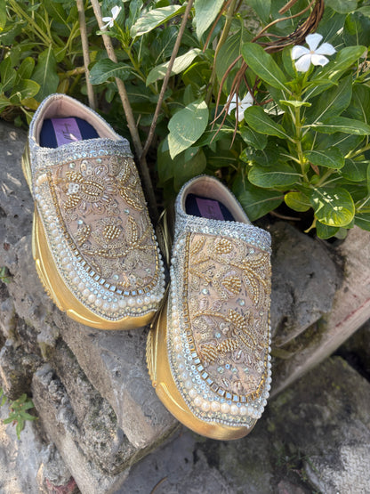 Funky N Trendy hand crafted golden bridal sneakers bridesmaid sneakers/ mom shoes / half shoes  / golden sneakers / embroidered half shoes