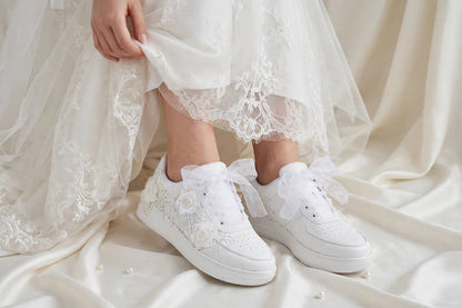 ELARA - Handcrafted White Floral Pearl Bridal Sneakers with Organza Ribbon Laces