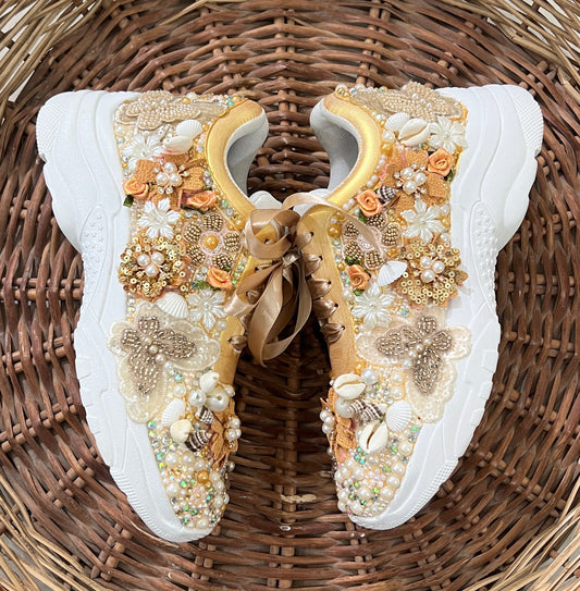 FUNKY N TRENDY gold butterfly embroidery sneakers for brides /gold embroidered sneakers/ handcrafted sneakers/ butterfly sneakers / bridal sneakers / bridesmaid sneakers/ gold and white hand work sneakers