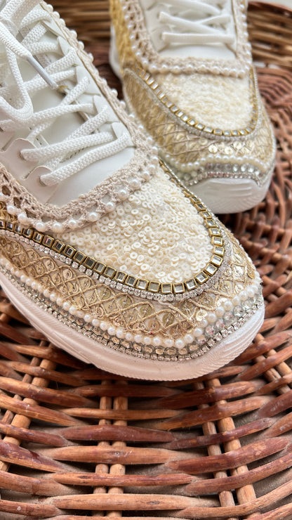 Funky N Trendy ivory / off white embroidery work bridal sneakers/ bridesmaid sneaker / hancrafted sneakers / gold sneakers / golden sneakers