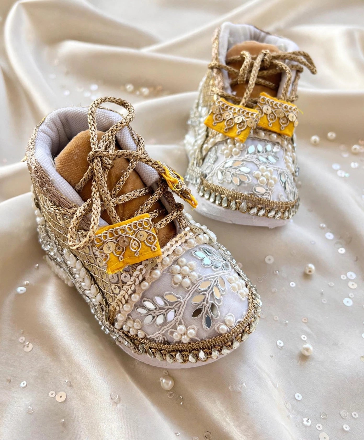 Aaira - Ivory & Gold Baby Girl Ethnic Sneakers | Pearl & Mirror Work First Birthday Shoes