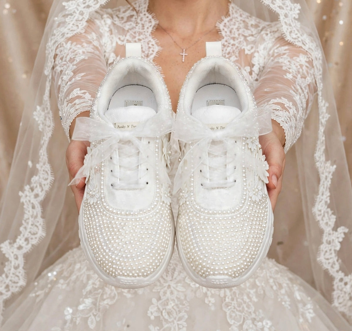 PEARL BLOOM - White Pearl Bridal Sneakers with 3D Floral Appliqué & Organza Ribbon Bows | Luxury Wedding Sneakers for Bride