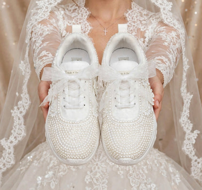 PEARL BLOOM - White Pearl Bridal Sneakers with 3D Floral Appliqué & Organza Ribbon Bows | Luxury Wedding Sneakers for Bride