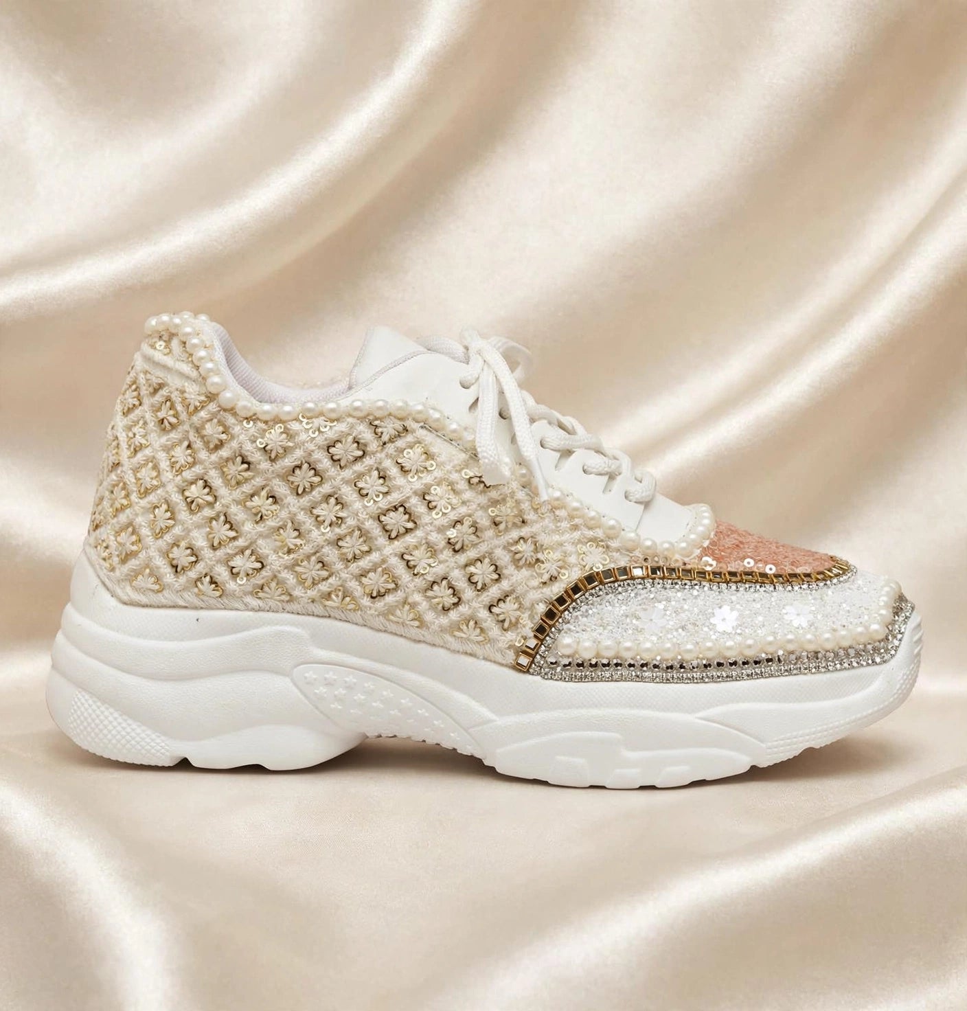 FUNKY N TRENDY ivory and tan peach sneakers with pearl detailing for brides / bridesmaids/ ivory sneakers / beige sneakers / tan peach shoes/ rose gold sneakers / rose gold shoes