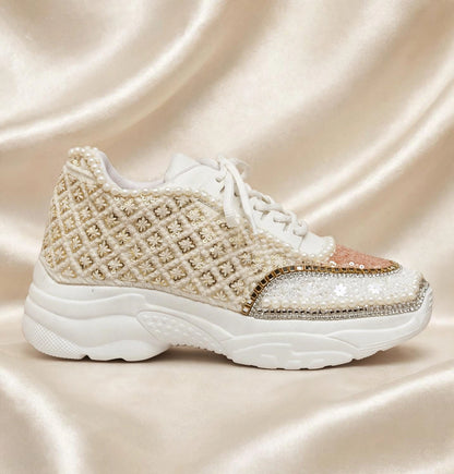 FUNKY N TRENDY ivory and tan peach sneakers with pearl detailing for brides / bridesmaids/ ivory sneakers / beige sneakers / tan peach shoes/ rose gold sneakers / rose gold shoes