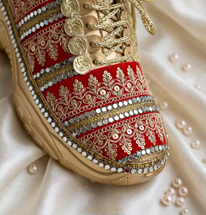 Maharani - Red Velvet Bridal Sneakers with Gold Chunky Sole
