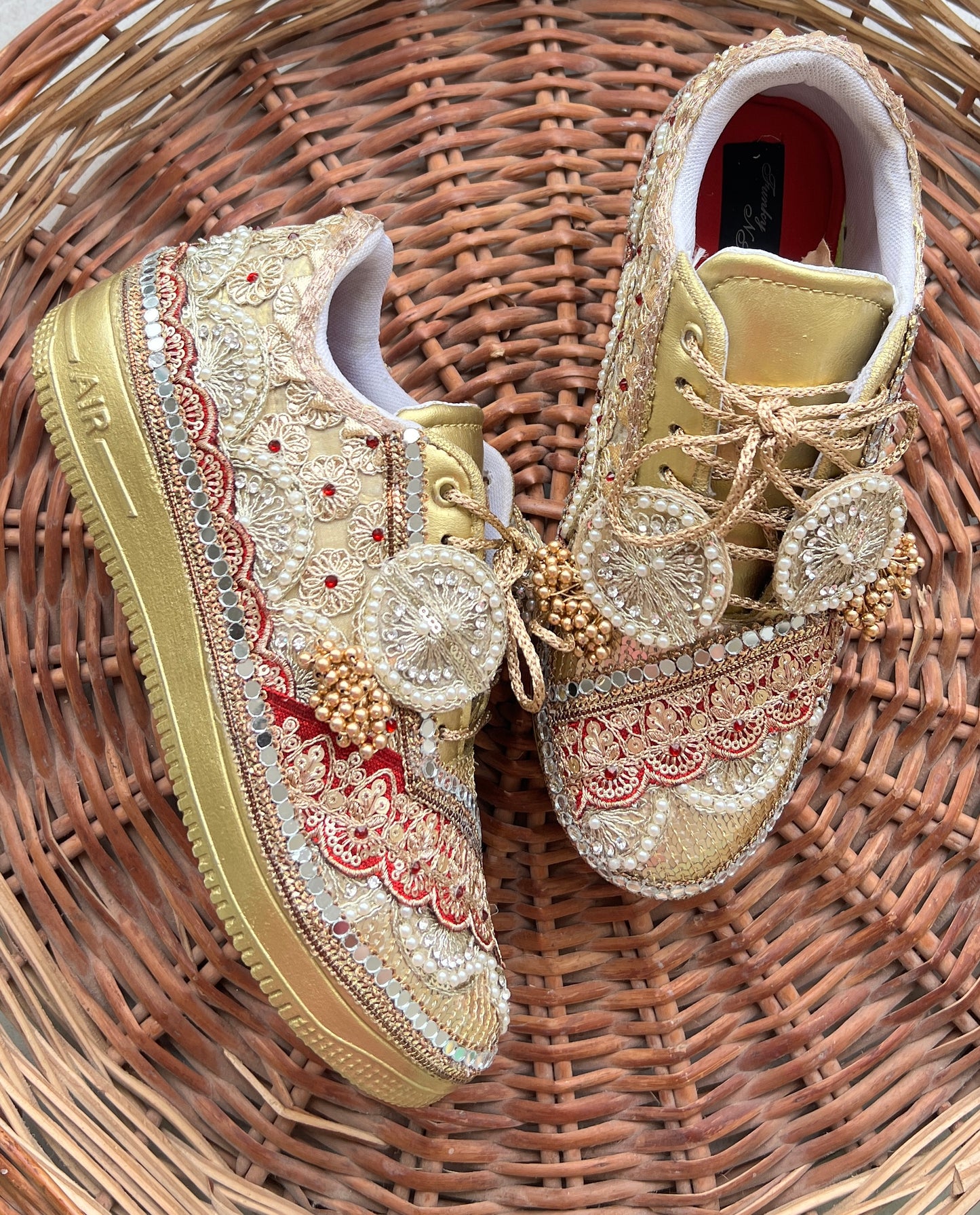 Funky N Trendy Maroon & Gold embroidery work bridal sneakers/ bridesmaid sneaker / golden sneakers/ Maroon sneakers / gold shoes