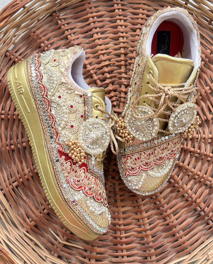 Funky N Trendy Maroon & Gold embroidery work bridal sneakers/ bridesmaid sneaker / golden sneakers/ Maroon sneakers / gold shoes