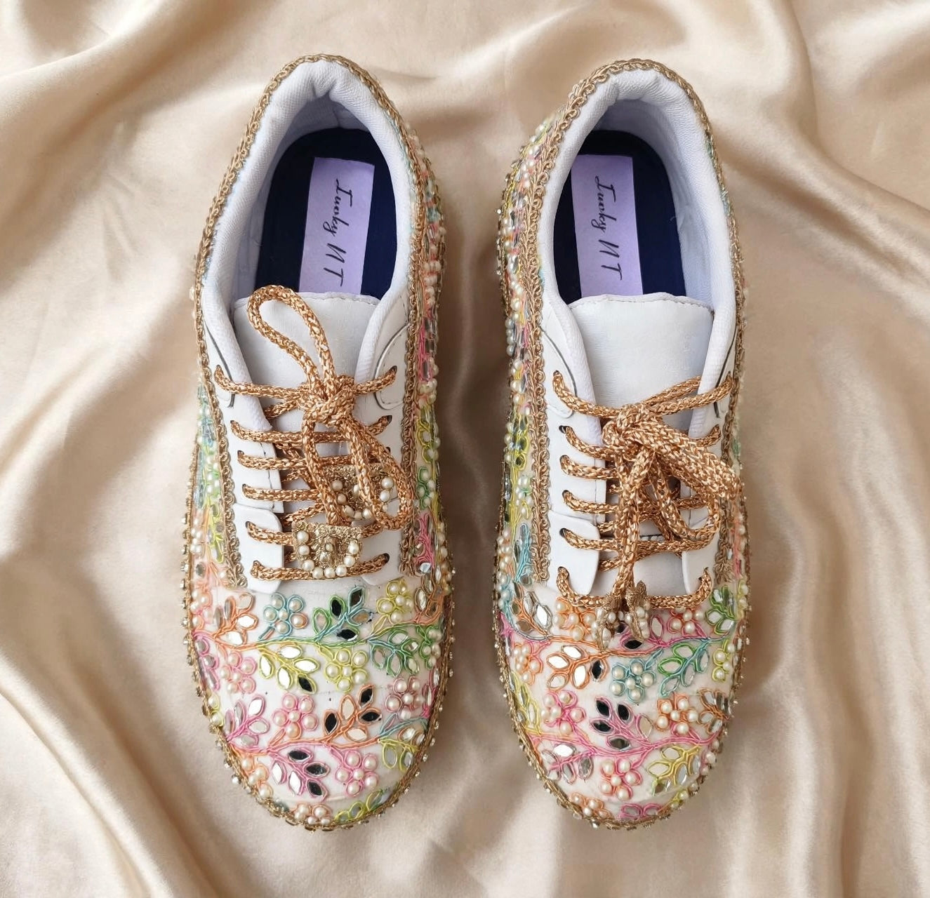 “Rainbow Bridal Sneakers with Mirror detailing– Floral Embroidery”