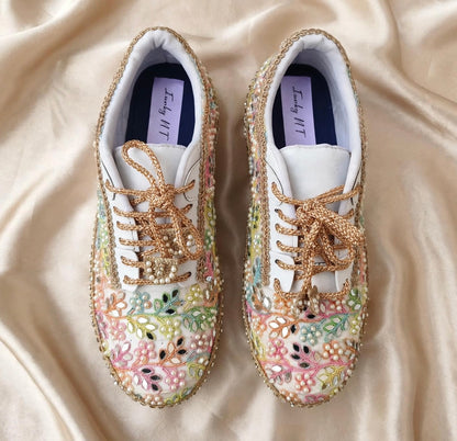 “Rainbow Bridal Sneakers with Mirror detailing– Floral Embroidery”