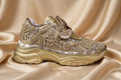 Funky N Trendy hand crafted golden bridal sneakers bridesmaid sneakers/ gold sneakers / golden sneakers / mirror sneakers/hand embroidered sneakers