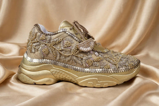 Funky N Trendy hand crafted golden bridal sneakers bridesmaid sneakers/ gold sneakers / golden sneakers / mirror sneakers/hand embroidered sneakers