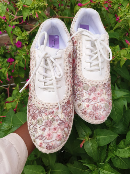 FUNKY N TRENDY fully hand crafted threadwork floral sneakers/ floral shoes/ pink sneakers/ lavender sneakers