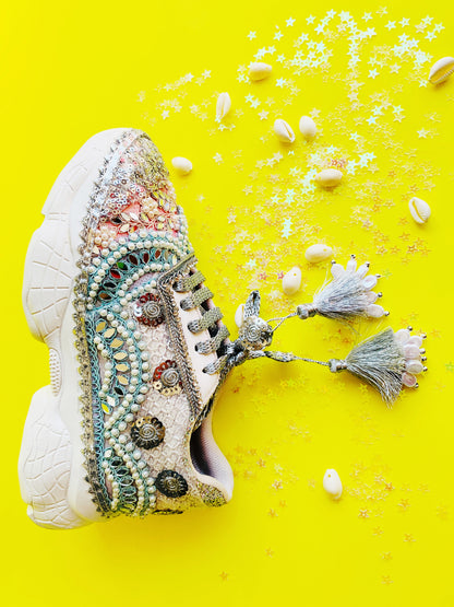 FUNKY N TRENDY hand crafted pink blue and silver bridal sneakers / silver sneakers / pastel sneakers / embroidery sneakers / sneakers for bride/ embroidered pastel theme sneakers