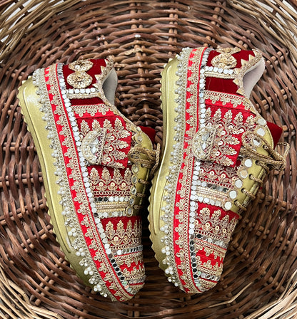 FUNKY N TRENDY red and gold bridal sneakers / bridesmaid sneakers/ golden sneakers / gold sneakers / red shoes / red bridal sneakers / embroidered shoes / embroidered sneakers