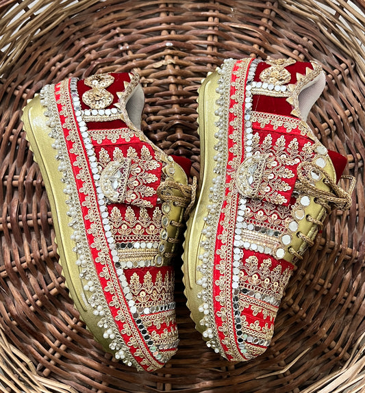 FUNKY N TRENDY red and gold bridal sneakers / bridesmaid sneakers/ golden sneakers / gold sneakers / red shoes / red bridal sneakers / embroidered shoes / embroidered sneakers