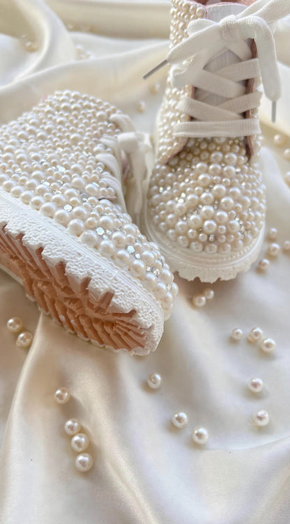 Funky N Trendy – White Pearl Bridal Boots for Baby Girls | Crystal Embellished Birthday Boots with Zipper